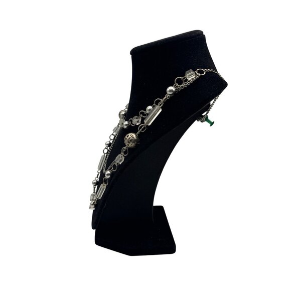 Silver Multi-Strand Chunky Chain Link Necklace Beaded Statement Jewelry - Picture 3 of 4